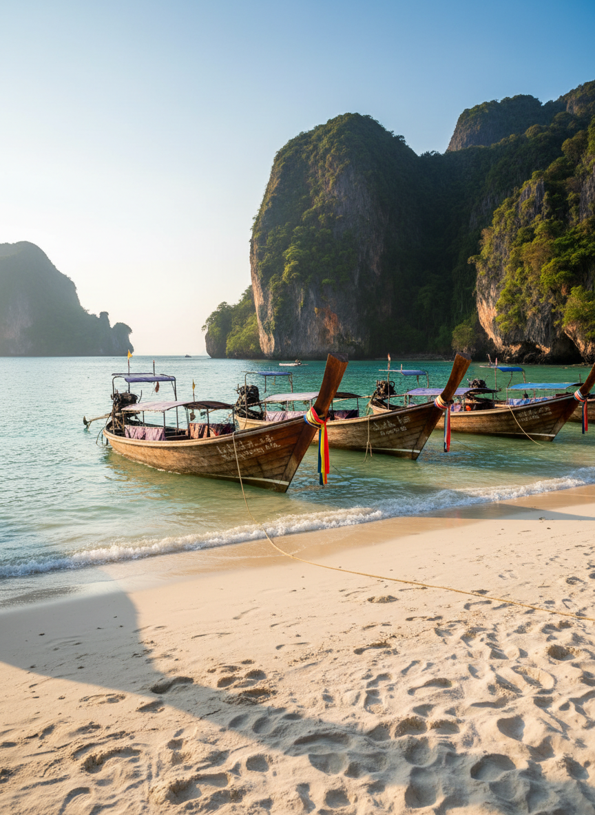 An expansive panoramic view of a Thai tropical beach with fine white sand leading to calm, turquoise water that gradually deepens to a rich sapphire blue. Long-tail boats with weathered wooden hulls and colorful fabric ribbons are anchored close to shore, gently rocking on the waves. Towering limestone cliffs covered in dense green vegetation rise dramatically in the distance. The scene is bathed in soft golden hour light, casting warm highlights on the boats and creating long, gentle shadows in the sand. Captured at eye level with sharp focus throughout, the composition uses the rule of thirds, with the horizon line high, emphasizing the tranquil sea and natural landscape. The atmosphere is serene and unspoiled, conveying authentic Thai coastal beauty in photographic realism for a travel-focused article.