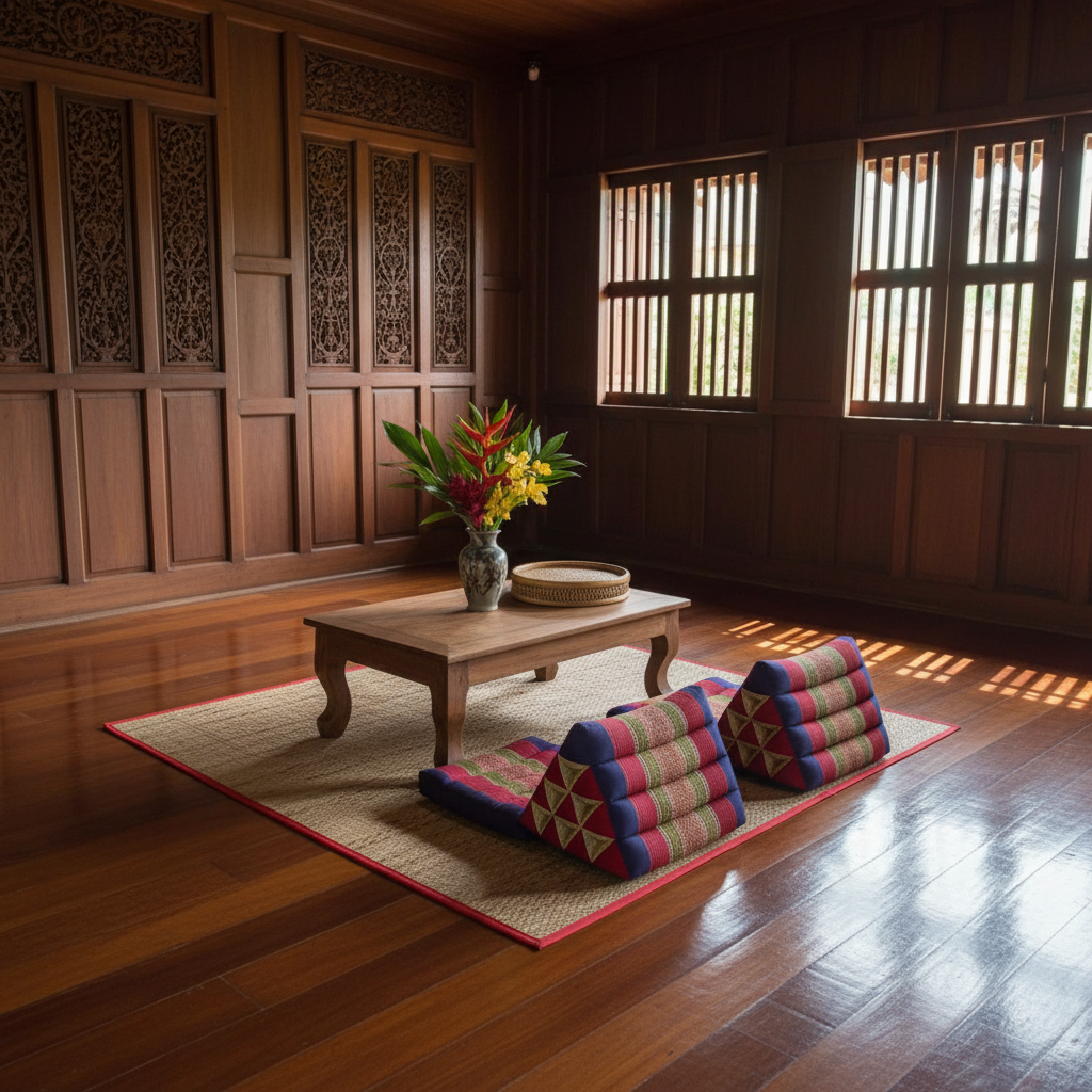A carefully composed interior scene of a traditional Thai wooden house living area, featuring polished teak floors with a soft sheen and intricately carved dark wood wall panels. In the center lies a low wooden table with a simple vase of fresh tropical flowers and a woven rattan tray. Beside it, colorful triangular Thai floor cushions with geometric patterns rest neatly on a woven mat. Soft, diffused daylight filters through partially open wooden shutters, creating a gentle pattern of light and shadow across the floor. Shot from a slightly elevated corner angle, the room feels open yet intimate, with clean lines and no clutter. The atmosphere is calm, respectful, and authentic, reflecting everyday Thai lifestyle and culture. Photographic realism with balanced, natural tones supports a professional, informative blog post about Thai homes and living.