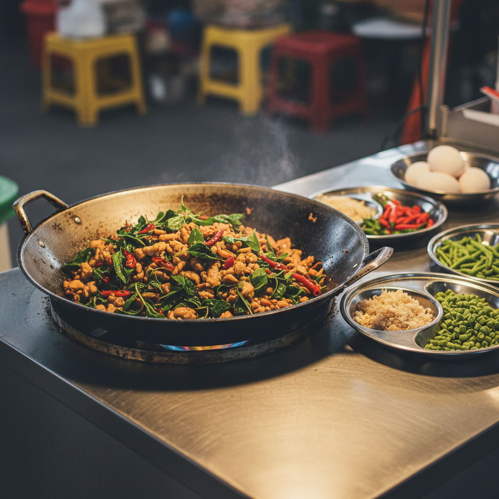 A close-up, eye-level photograph of a traditional Thai street food stall countertop, showcasing a large stainless steel wok filled with sizzling pad kra pao, minced meat glistening with sauce, flecks of red chili, and bright green holy basil leaves. Next to the wok, neatly arranged ingredients sit in metal trays: crushed garlic, bird’s eye chilies, crisp green beans, and pale eggs waiting to be fried. The counter is slightly worn stainless steel, reflecting soft, warm overhead lighting from modest street lamps. Steam rises subtly, creating a sense of movement. The background is intentionally blurred but hints at a simple open-air market setting with muted colors. The mood is energetic yet grounded, emphasizing everyday Thai life. Photographic realism with shallow depth of field highlights the textures and authenticity of real Thai street food culture.
