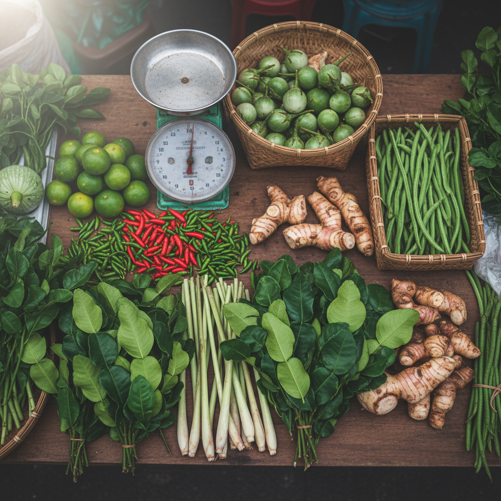 A detailed, overhead photographic view of a Thai morning market stall table laden with fresh ingredients: glossy green kaffir lime leaves, pale lemongrass stalks with purple-tinged bases, fiery red and green bird’s eye chilies, knobby galangal roots, and neatly stacked small limes. Among them sit woven bamboo baskets filled with tiny eggplants and long beans, and a simple metal scale with a slightly worn surface. Soft, diffused early morning light from the side illuminates the produce, enhancing natural colors and casting gentle, barely-there shadows. The composition is clean and organized, with the central focus on the harmonious palette of greens, reds, and earth tones. The mood is fresh, local, and authentic, ideal for illustrating an article about Thai cooking ingredients and everyday market life in photographic realism.